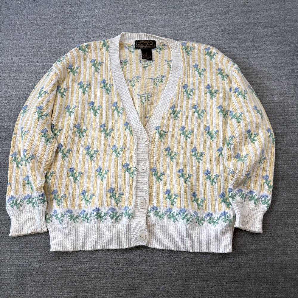 Vintage 90's Eddie Bauer Cardigan Sweater Women M Yellow Striped Floral Cottage